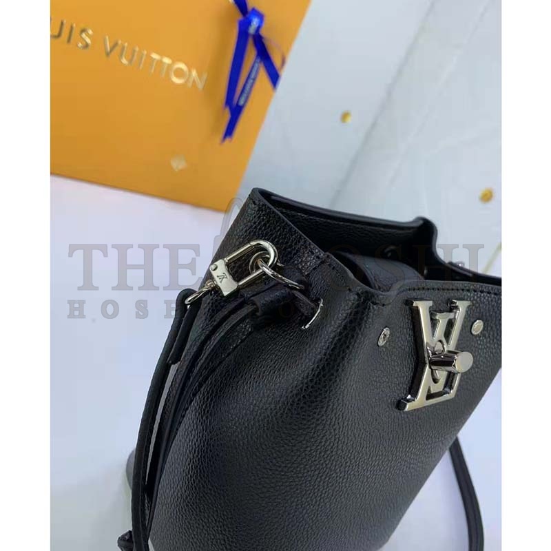 L0vis Vvtt0n LV Women Nano Lockme Bucket Bag Black Grained Calf Leather Master Quality