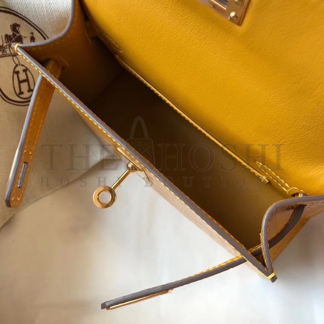 H**me5 Kelly Mini II Bag In Yellow Crocodile Embossed Leather Master Quality