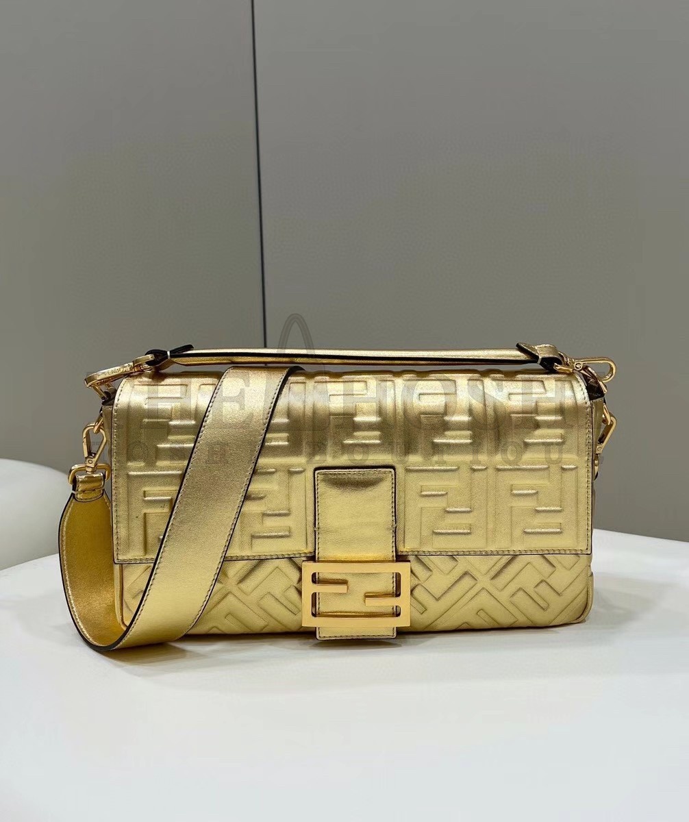 F**di Large Baguette Bag In Gold FF Metallic Leather Master Quality