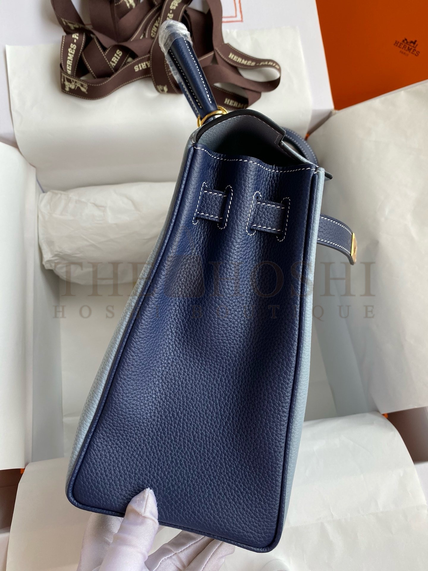 H**me5 HSS Kelly 32 Bicolor Bag in Blue Lin and Blue Clemence Leather Master Quality