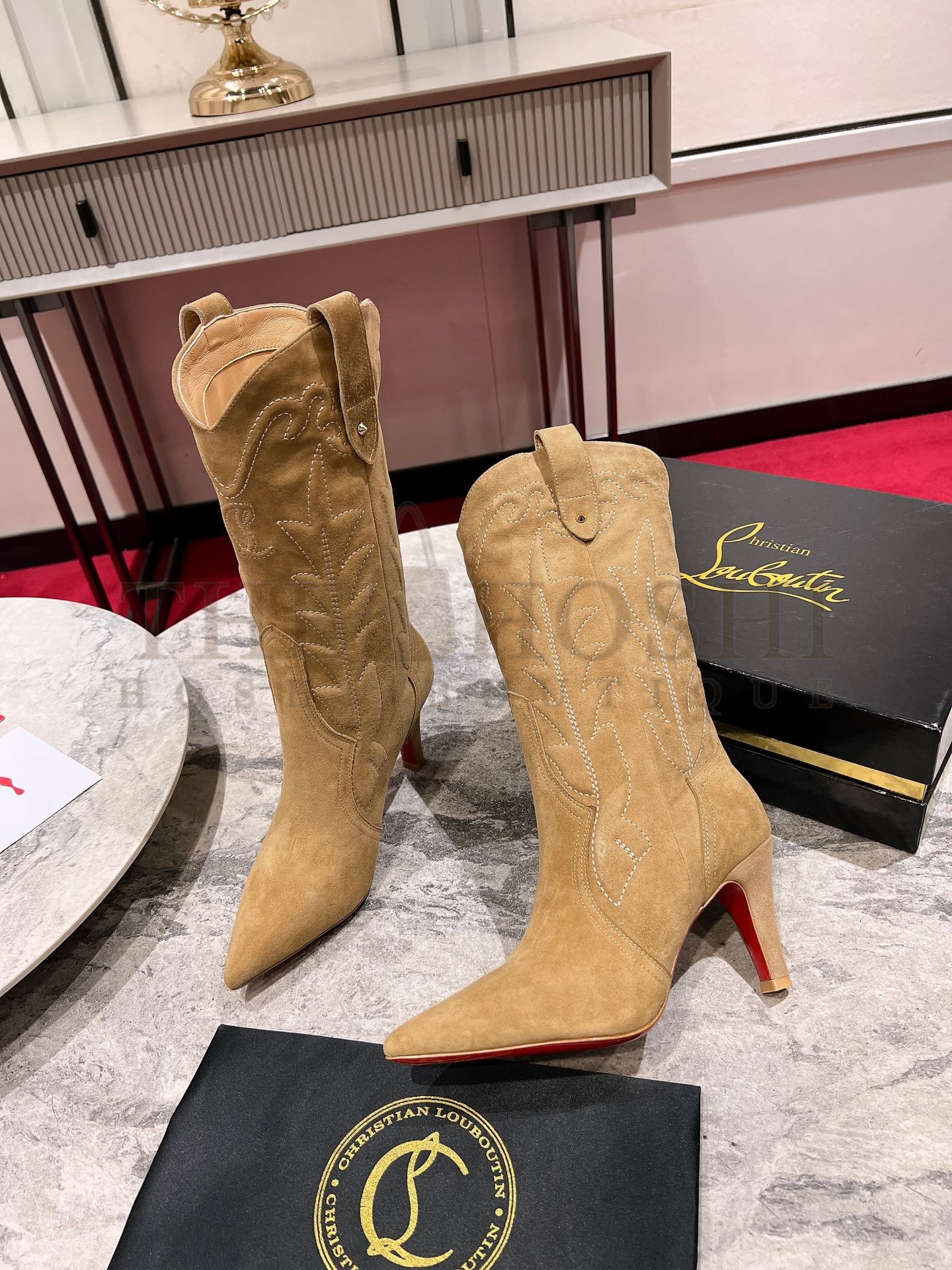 CL Santiabooty Classic Western Cowboy Boots Calfskin Denim 8.5cm Heel Master Quality