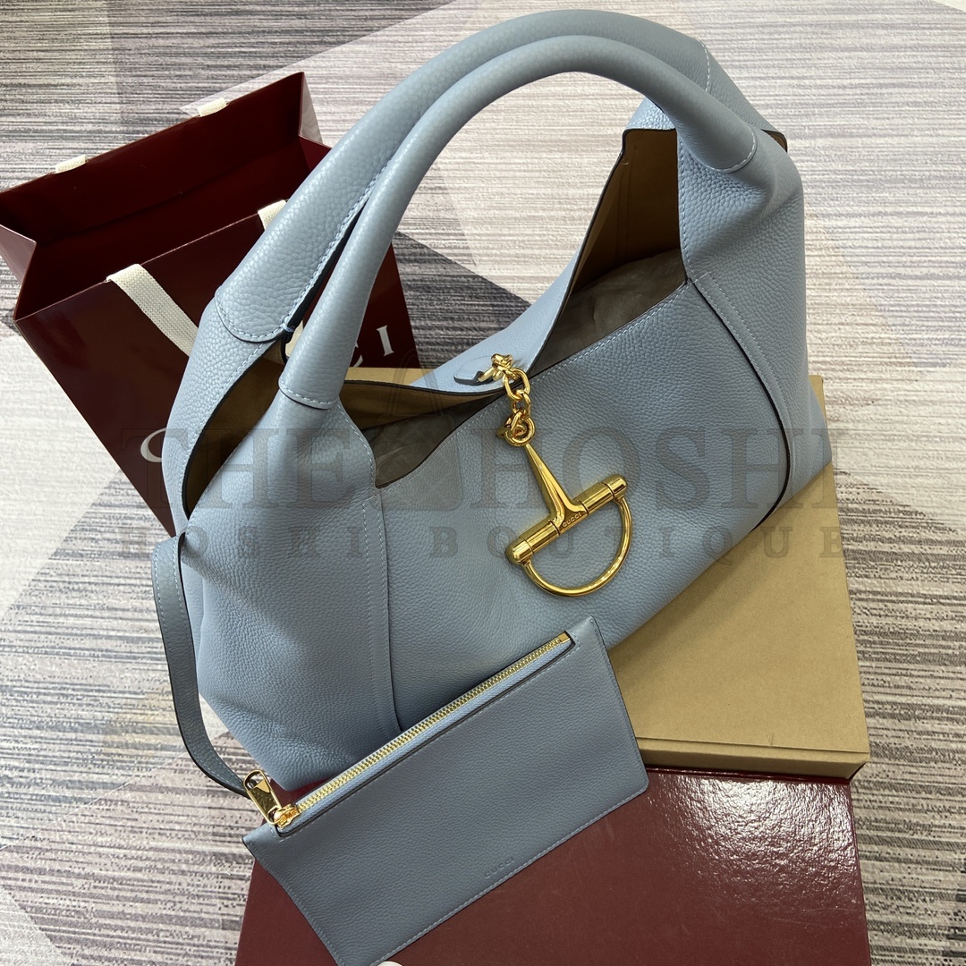 Gvc*1 Softbit Large Hobo Shoulder Bag – Blue Grained Leather, Detachable Handle, Magnetic Closure, 46 x 26 x 16 cm Master Quality