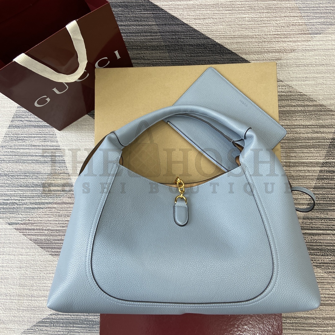 Gvc*1 Softbit Large Hobo Shoulder Bag – Blue Grained Leather, Detachable Handle, Magnetic Closure, 46 x 26 x 16 cm Master Quality