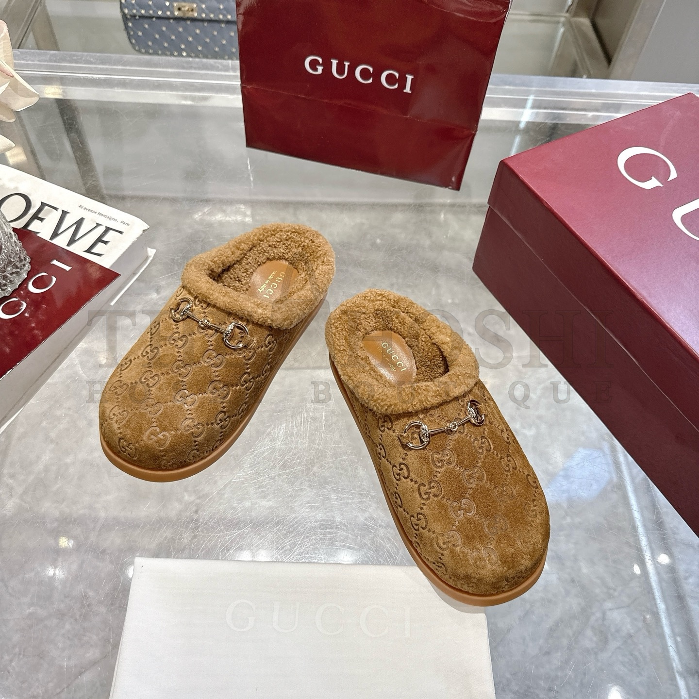 Gvc*1 Drak Brown Leather Horsebit-Detailed Shearling-Lined Mules Sandals Master Quality