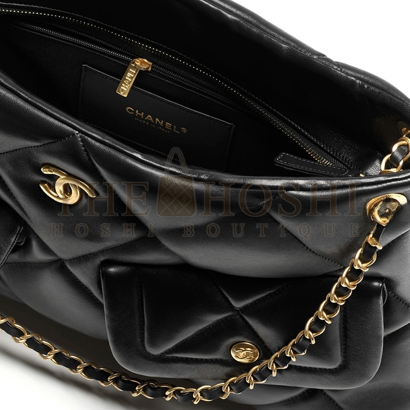 Ch**el SHOPPING BAG SHINY LAMBSKIN &amp; GOLD-TONE METAL BLACK AS5740 (38*26*11cm) Master Quality
