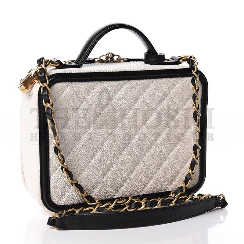Ch**el CAVIAR QUILTED MEDIUM CC FILIGREE VANITY CASE WHITE BLACK (20*15*8cm) Master Quality