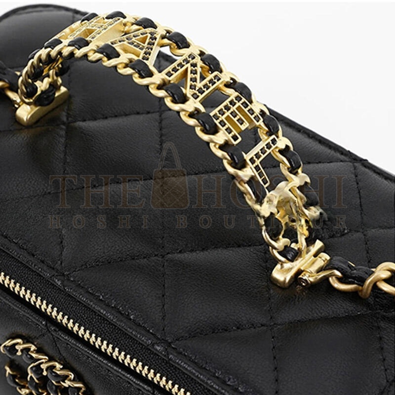 Ch**el BLACK ARGYLE LAMBSKIN COSMETIC BAG WITH GOLD HARDWARE AP3663 (16*10*9cm) Master Quality