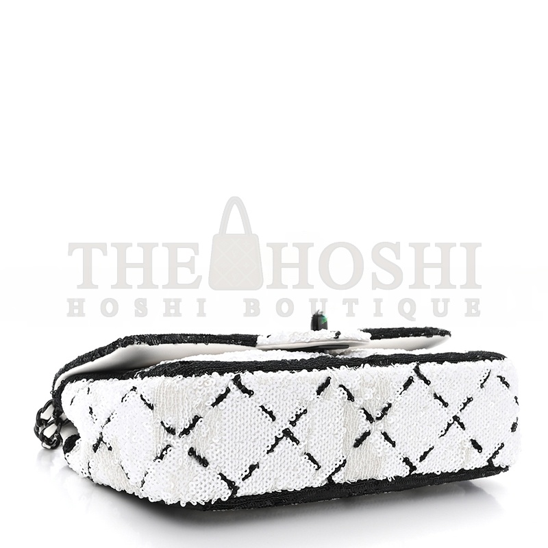 Ch**el SEQUIN CC SMALL SINGLE FLAP WHITE BLACK 1468914 (20*13*6cm) Master Quality